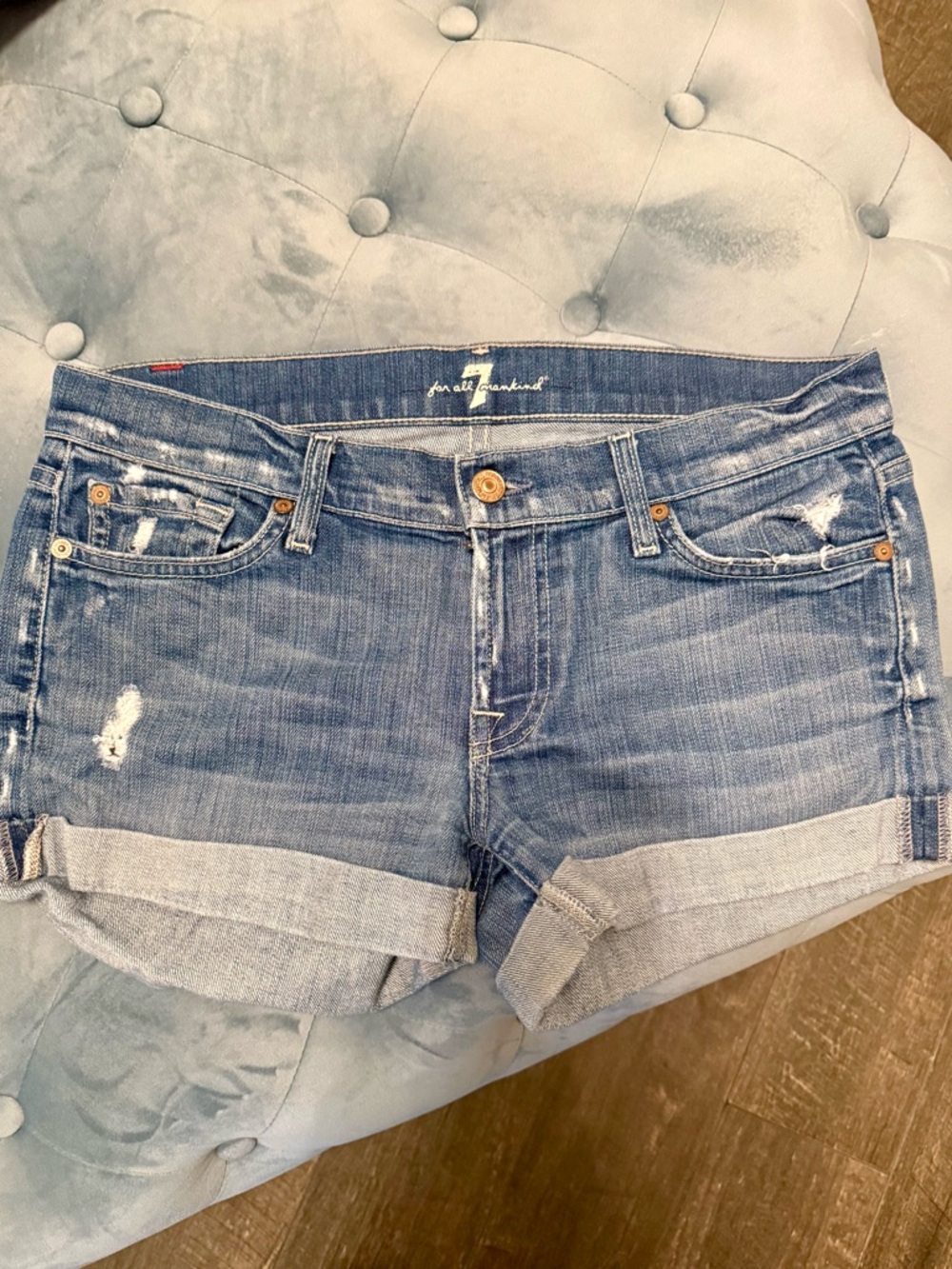 7 For All Mankind Blue Jean Shorts Distressed Cuffed